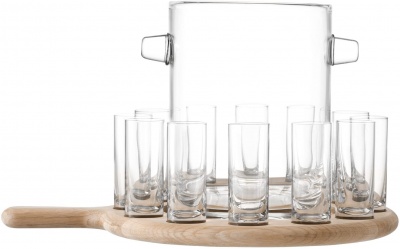 Set pohárov a vedro na ľad z číreho skla s dubovým podnosom