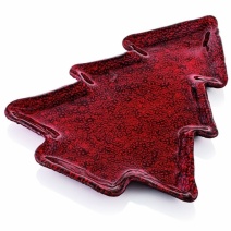 Sklenený vianočný servírovací tanier červený stromček